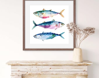 Fish Wall Art | Sardine Watercolour Print | Beach House Decor | Coastal Poster | Nautical Sealife Painting