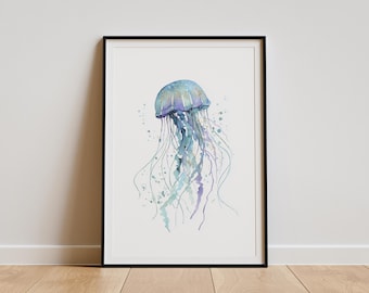 Jellyfish Print | Coastal Sea Life Wall Art | Beach House Decor | Nautical Ocean Animal Painting | Watercolour Jellyfish