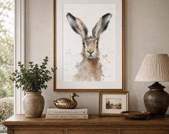Hare Watercolour Print, Unframed, Framed Print or Canvas, Farmhouse Wall Art, Country Home Decor, Rabbit Painting, Rustic Nursery Art