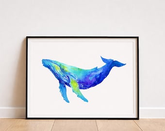 ホッキョククジラのファインアートプリント | クジラの水彩画プリント