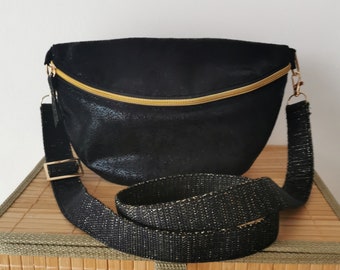 Sac banane, sac bandouliere , noir brillant, sangle réglable, simili cuir