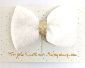 barrette noeud lin blanc, lien or , pince cheveux, mimipouapoua