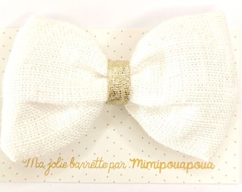 LARGE white linen knot bar, gold link, hair clips, wedding hair bar, mimipouapoua