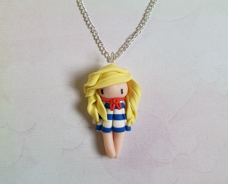 Little Girl Necklace Blonde Hair White Blue Striped Etsy