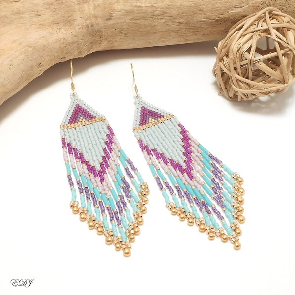 Grandes boucles d'oreilles bohème à franges perlées miyuki turquoise violet mauve et doré