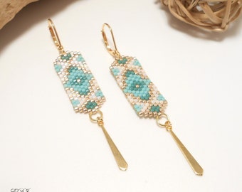 Earrings woven trendy miyuki turquoise emerald pearly white gold