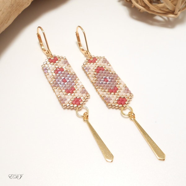 Boucles d'oreille tissé tendance perles miyuki parme framboise blanc nacré doré