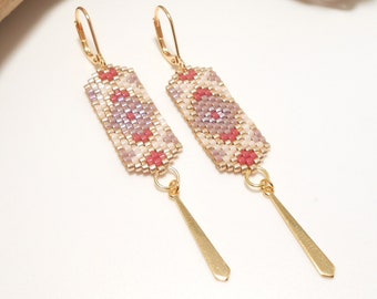 Boucles d'oreille tissé tendance perles miyuki parme framboise blanc nacré doré