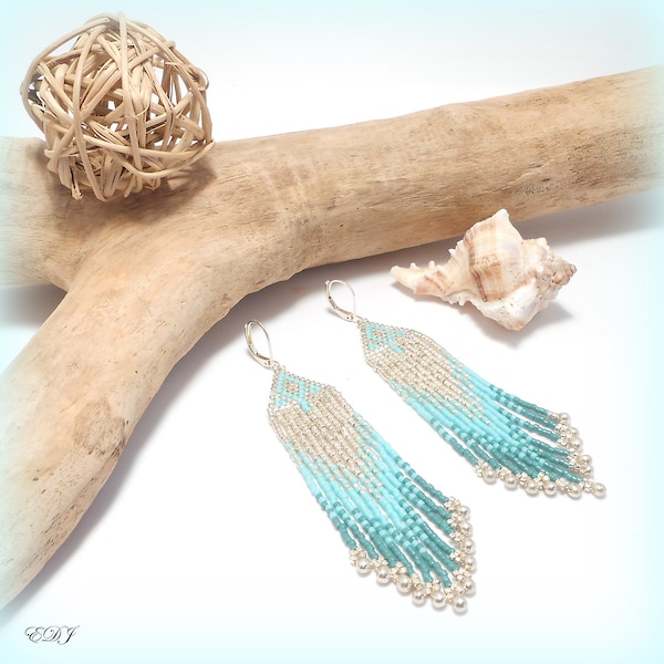 Grandes boucles d'oreilles bohème à franges perlées miyuki argenté turquoise émeraude