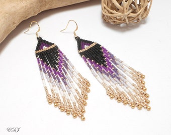 Grandes boucles d'oreilles bohème à franges perlées miyuki doré violet mauve blanc noir doré