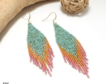 Grandes boucles d'oreilles bohème à franges perlées miyuki turquoise marbré ocre framboise et doré