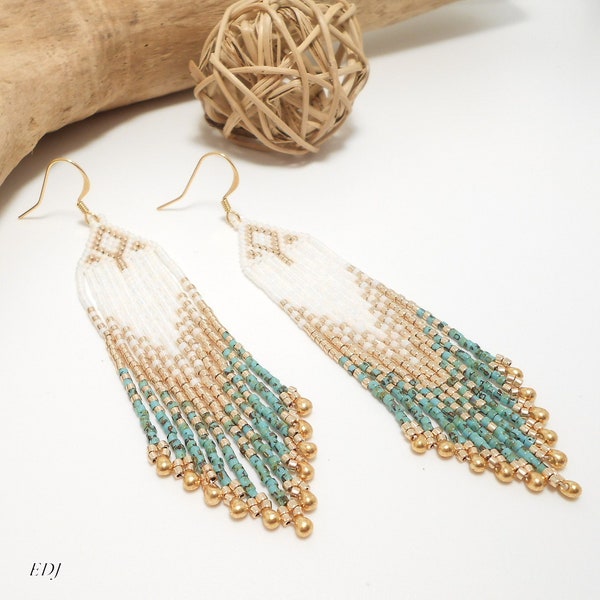 Grandes boucles d'oreilles bohème à franges perlées miyuki doré blanc nacré turquoise émeraude