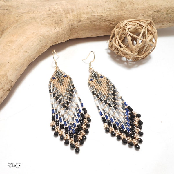 Grandes boucles d'oreilles bohème à franges perlées miyuki doré gris bleu navy noir hématite