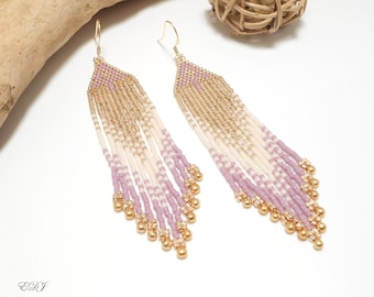 Grandes boucles d'oreilles bohème à franges perlées miyuki doré lavande beige nacré