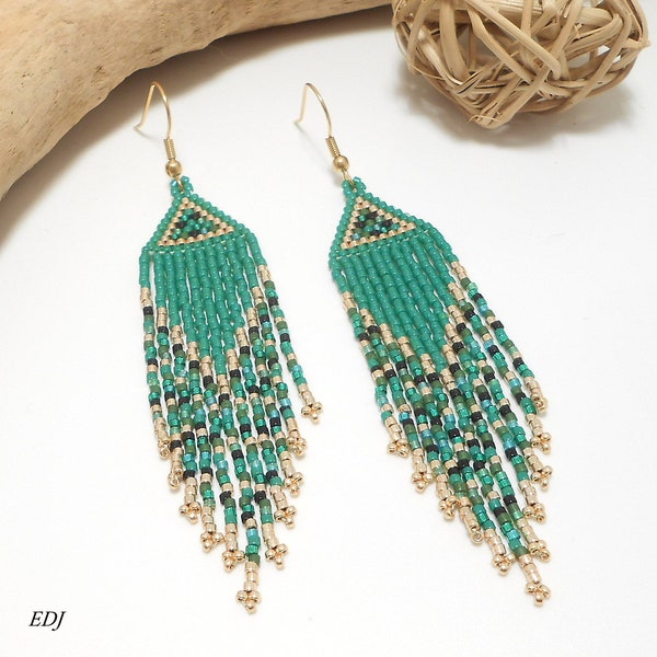 Grandes boucles d'oreilles bohème à franges perlées miyuki doré vert émeraude kaki noir