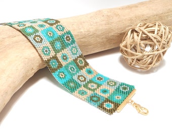 Bracelet manchette tissé tendance motifs damier fleurs perles miyuki multicolore vert turquoise doré
