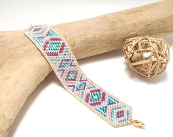 Bracelet manchette tissé tendance motifs chevrons ethnique perles miyuki turquoise clair mauve violet bleu doré