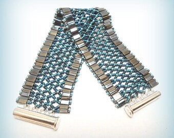 Cuff Bracelet woven beads tila and midnight blue myuki "Hématite"!