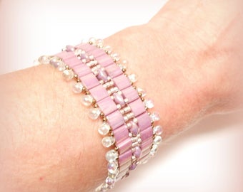 Bracelet manchette tissé perles tila et superduo "Rose indien !!"