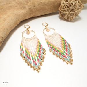 Miyuki beaded earrings woven with golden multicolor white creole fringes