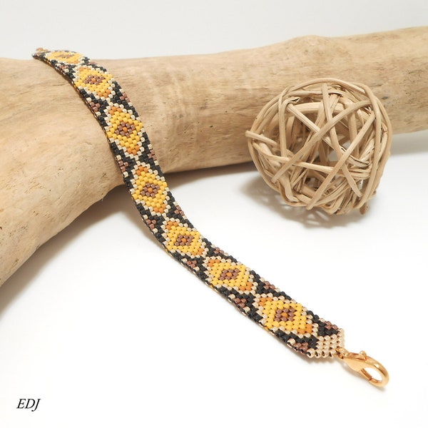 Bracelet tendance art déco tissé miyuki jaune moutarde safran noir cuivre doré