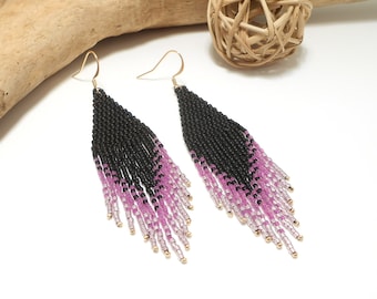 Grandes boucles d'oreilles bohème à franges perlées miyuki noir violet parme métallisé et doré