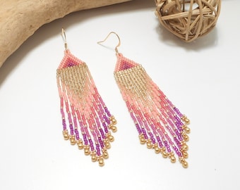 Grandes boucles d'oreilles bohème à franges perlées miyuki corail saumon fuchsia violet doré