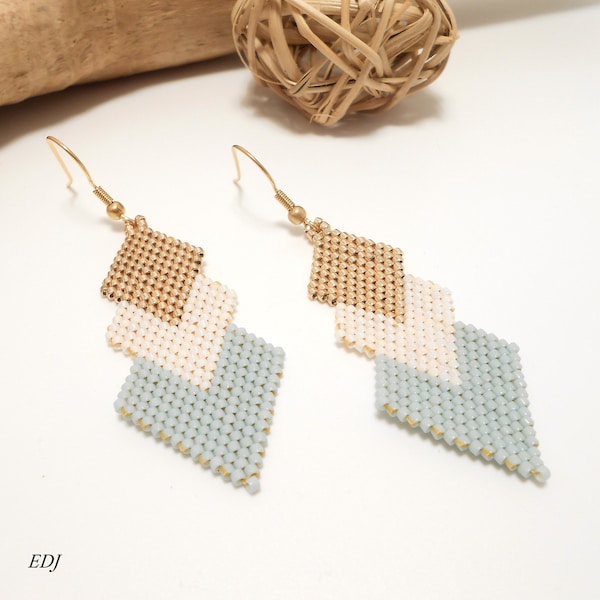 Earrings miyuki beads woven diamonds graphic chic white gold pearl light turquoise