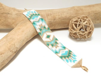 Bracelet manchette tissé tendance motifs inca ethnique perles miyuki blanc irisé turquoise vert émeraude et or