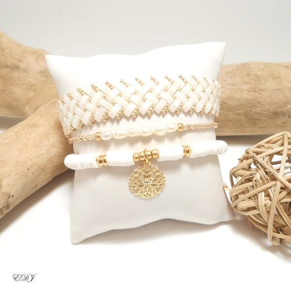 Lot 3 bracelets tissé miyuki Perles heishi Perles nacrées perles Tila tressées beige doré