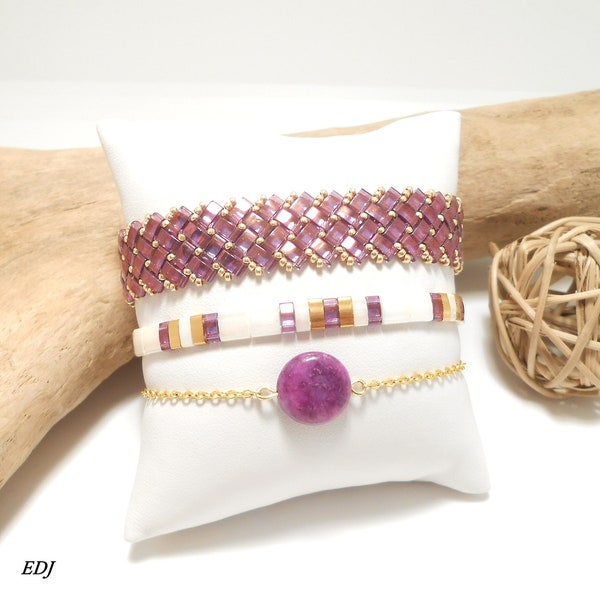 Lot 3 bracelets tissé Perles Tila tressées fine chaine dorée et pierre howlite violet crème et doré