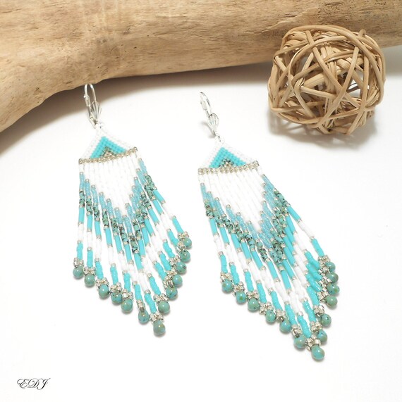 Boucles D'oreilles Pendantes à Franges Perlées Bleu Turquoise Et Blanc - Marque Désirs Essentiels, Fermoir Dormeuse