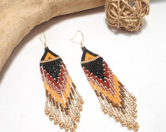 Grandes boucles d'oreilles bohème à franges perlées miyuki doré rouge marron orange noir doré