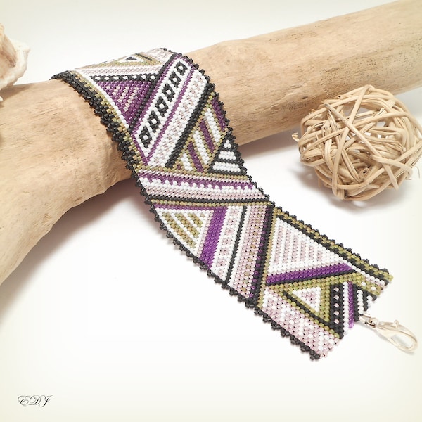 Bracelet manchette tissé miyuki graphique chevrons - noir vert olive violet mauve blanc