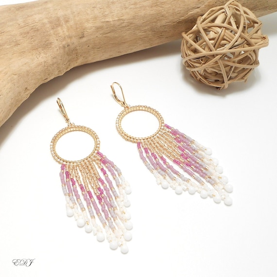 Boucles D'oreilles Pendantes Perles Miyuki Et Nacrées - Blanc Sur Blanc - Fermoir Clous - Neuf Sans Emballage