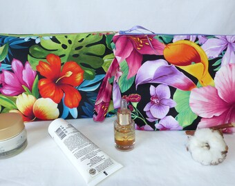 Grande trousse de toilette en tissu fleurs, maxi pochette en tissu de créateur