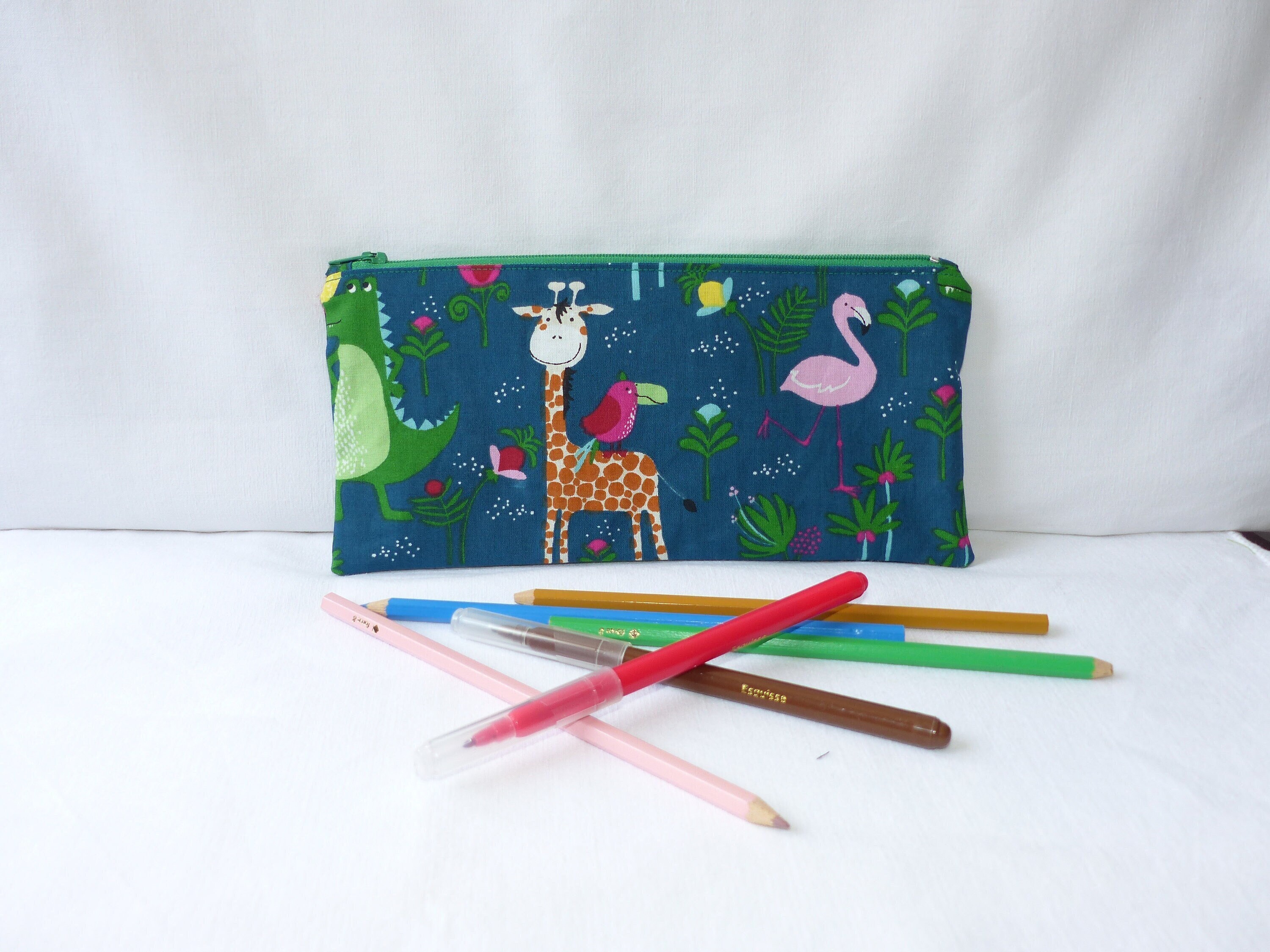 Grande Trousse à Crayons, d'école, Intérieur Doublé en Tissu Enduit, Deux Faces Différentes