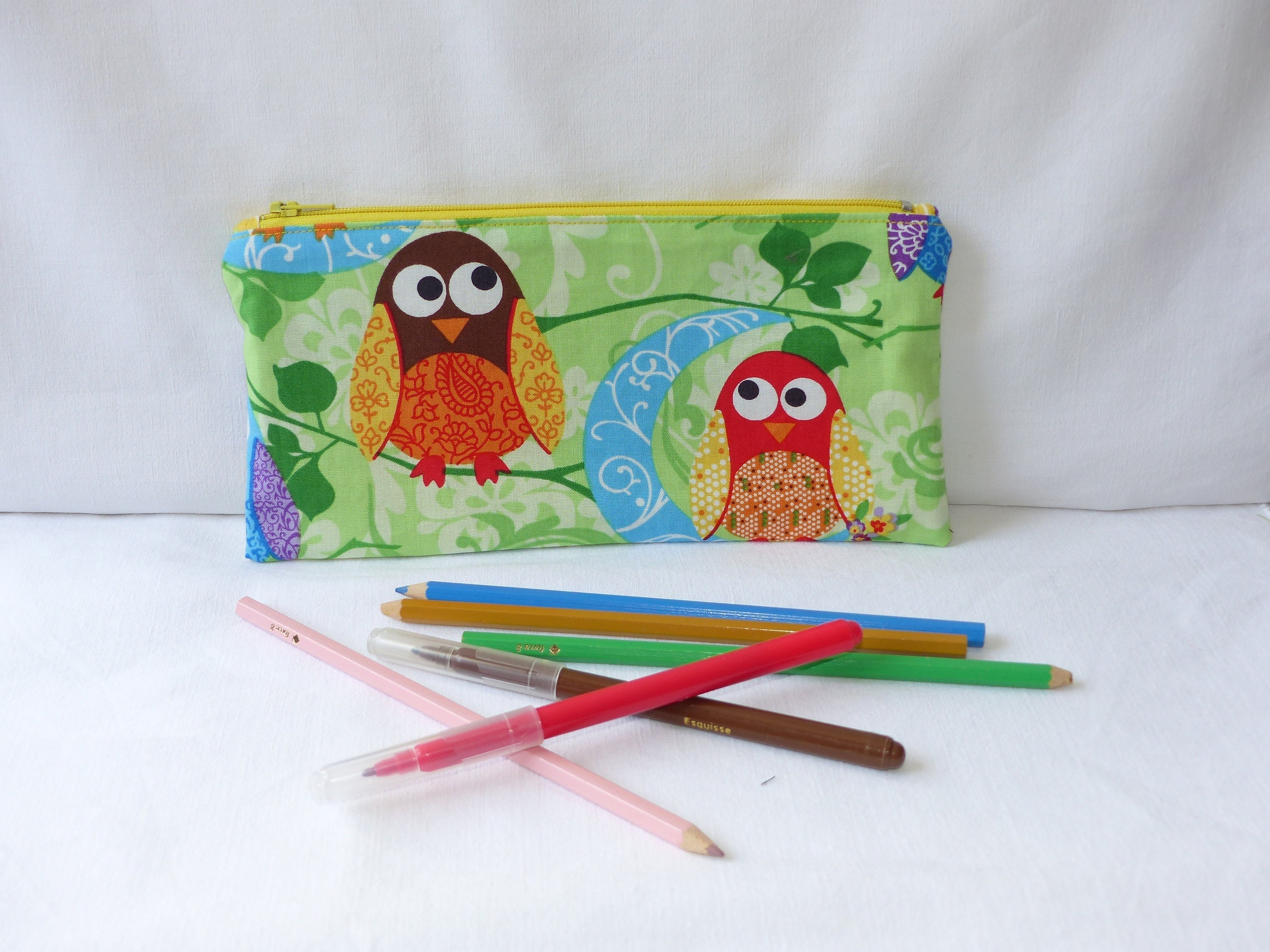 Grande Trousse à Crayons Doublée en Tissu Enduit, Pinceaux, Grande Maquillage, Imprimé Hiboux