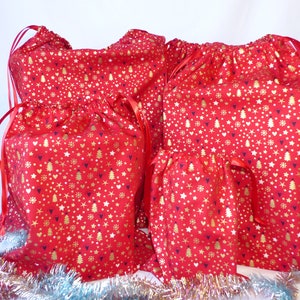 Pochette emballage cadeaux réutilisable 6 tailles, sac cadeaux de Noël Motifs fond rouge