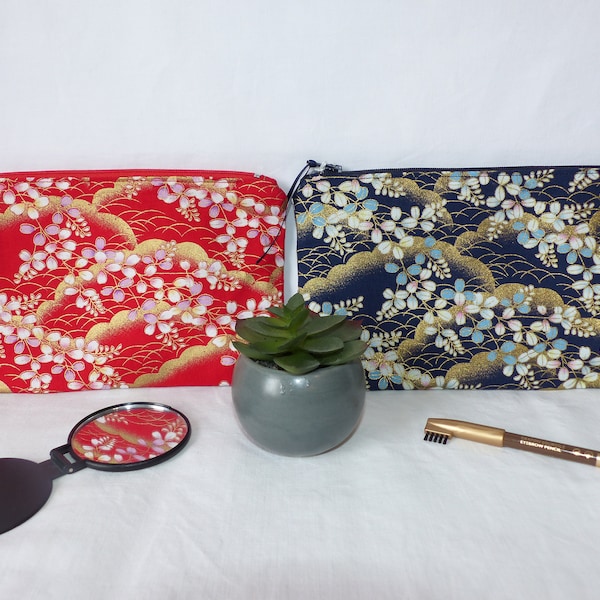 Pochette en tissu japonais, trousse plate imprimé japonais, pochette cosmétiques