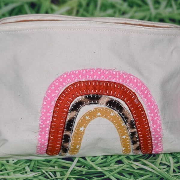 Grande trousse brodée en coton avec arc-en-ciel / Pochette zippée XL pour cosmétiques articles de toilette en coton et broderie