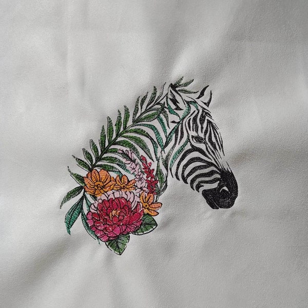 Embroidered coupon "Floral Zebra" on white suede 39x29cm