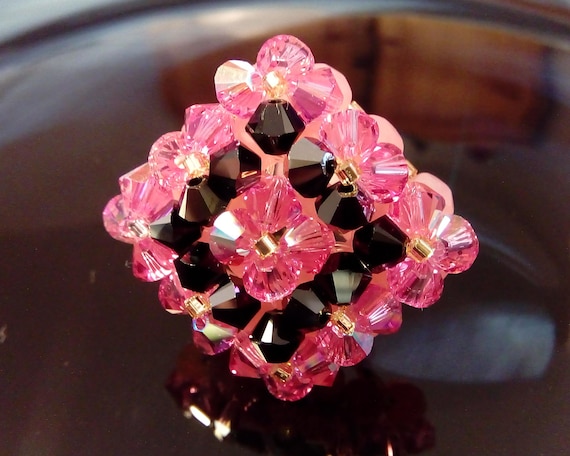 Black Rose Diamond Ring in Swarovski Crystal Beads 
