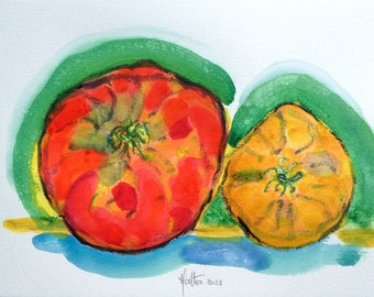 Two tomatoes. Watercolor and Indian ink on paper Aquarelle Canson.