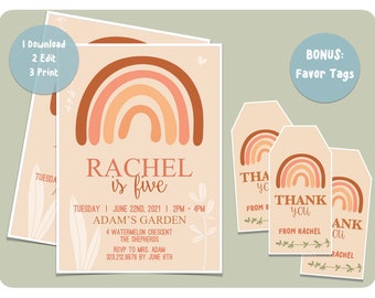 Rainbow boho invitation printable; editable, instant download