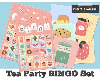 Tea Party Bingo games, tea time birthday bridal shower party games printable, instant download