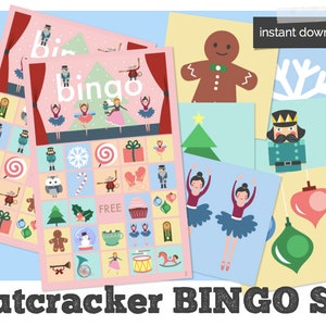 May include: A printable Nutcracker Bingo Set with a pink background. The set includes bingo cards with images of a nutcracker, a snowflake, a candy cane, a gift box, a ballerina, a rocking horse, a gingerbread man, a Christmas tree, a snowman, a teacup, a cupcake, a drum, and an owl. The set also includes calling cards with images of the same items.