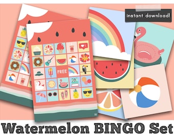 Könnte beinhalten: Wassermelonen-Bingo-Set zum Ausdrucken mit 12 Karten mit sommerlichen Symbolen wie Wassermelone, Sonnenbrille, Eiscreme und einem Flamingo. Der Text "Sofort-Download!" ist in der oberen rechten Ecke sichtbar.
