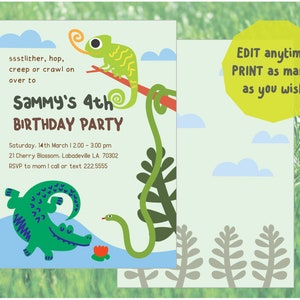 reptile birthday party snake crocodile chameleon digital invitation printable