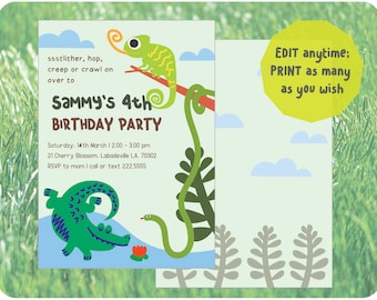 reptile birthday party snake crocodile chameleon digital invitation printable